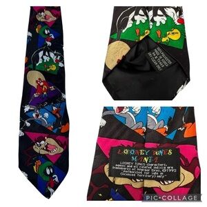 Looney Tunes Tie-Vintage Y2K 90s Bugs Bunny Taz Black Neck Tie Tweety Sylvester